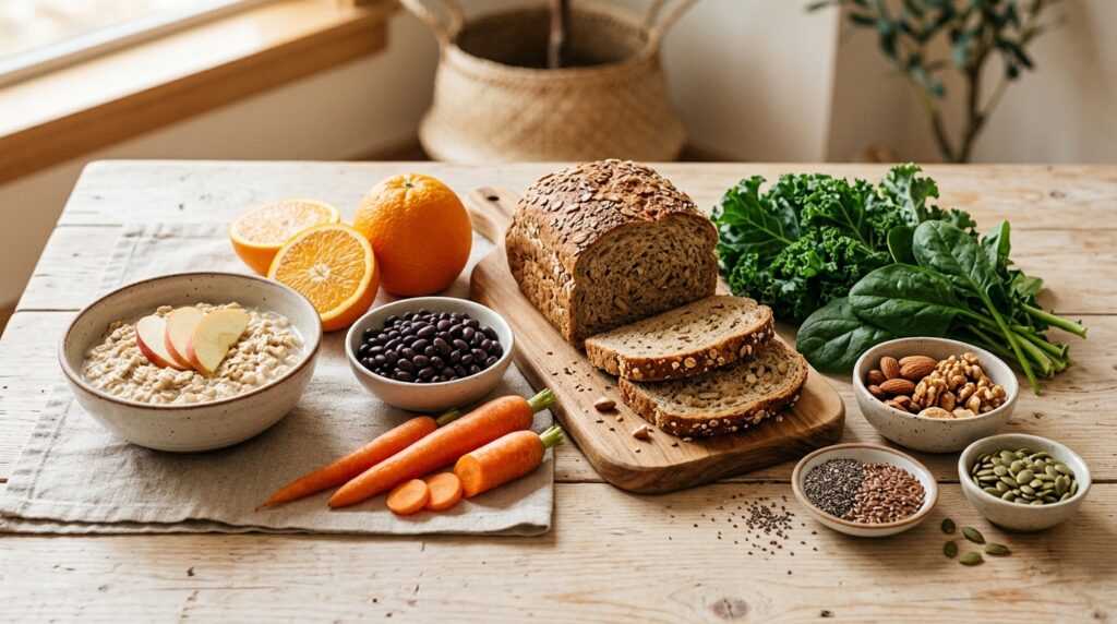 Alimenti ricchi di fibre solubili e insolubili: cereali integrali, legumi, frutta, verdura, semi e frutta secca disposti in una composizione equilibrata