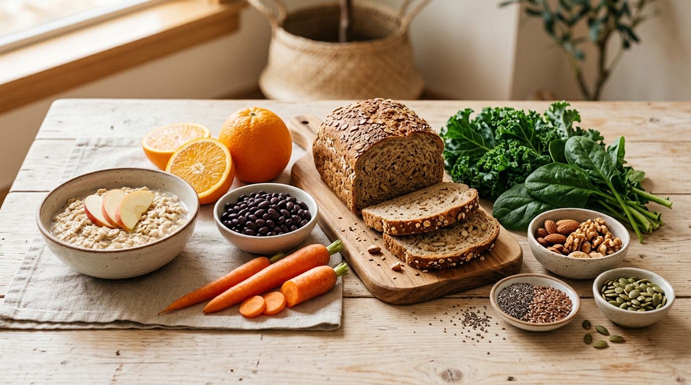 Alimenti ricchi di fibre solubili e insolubili: cereali integrali, legumi, frutta, verdura, semi e frutta secca disposti in una composizione equilibrata