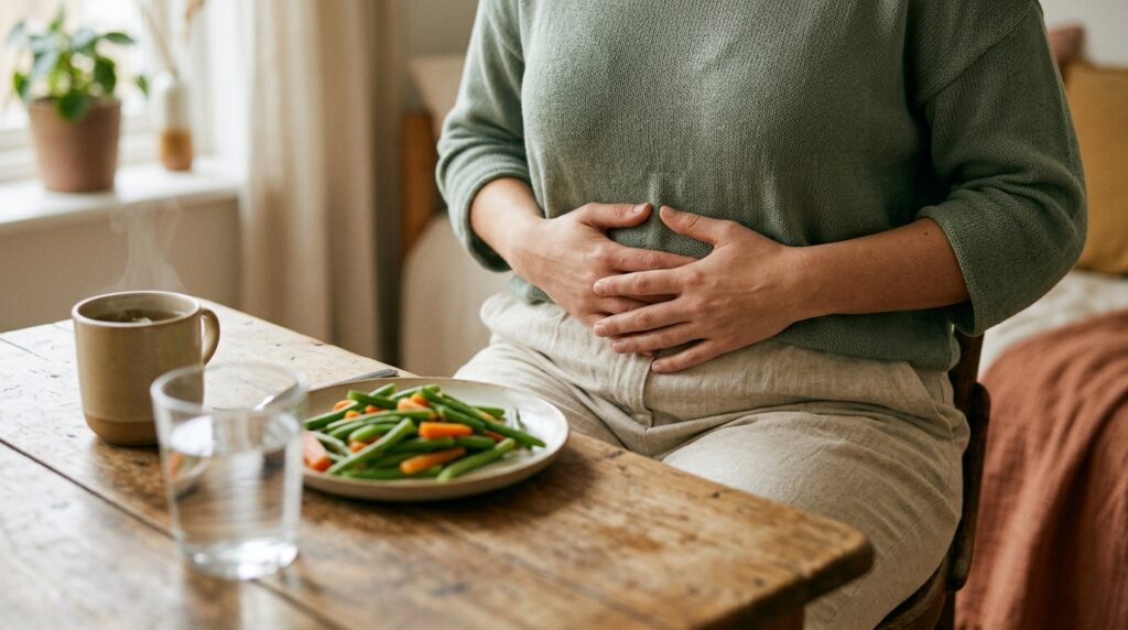 Persona che tiene le mani sull'addome in gesto di consapevolezza del benessere digestivo, con alimenti sani e tisana sul tavolo