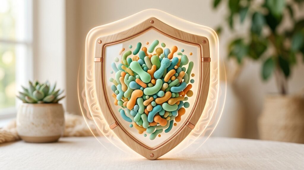 Illustrazione concettuale della protezione del microbiota intestinale durante la terapia antibiotica