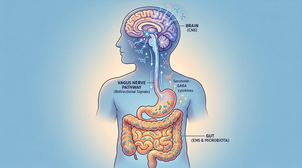 Illustrazione dell'asse intestino-cervello che mostra la comunicazione bidirezionale tra cervello e sistema digestivo attraverso il nervo vago e il microbiota intestinale