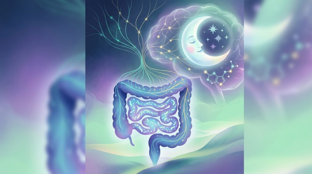 Illustrazione concettuale dell'asse intestino-cervello e la sua influenza sul sonno, con rappresentazione simbolica di microbiota, neurotrasmettitori e ritmo circadiano