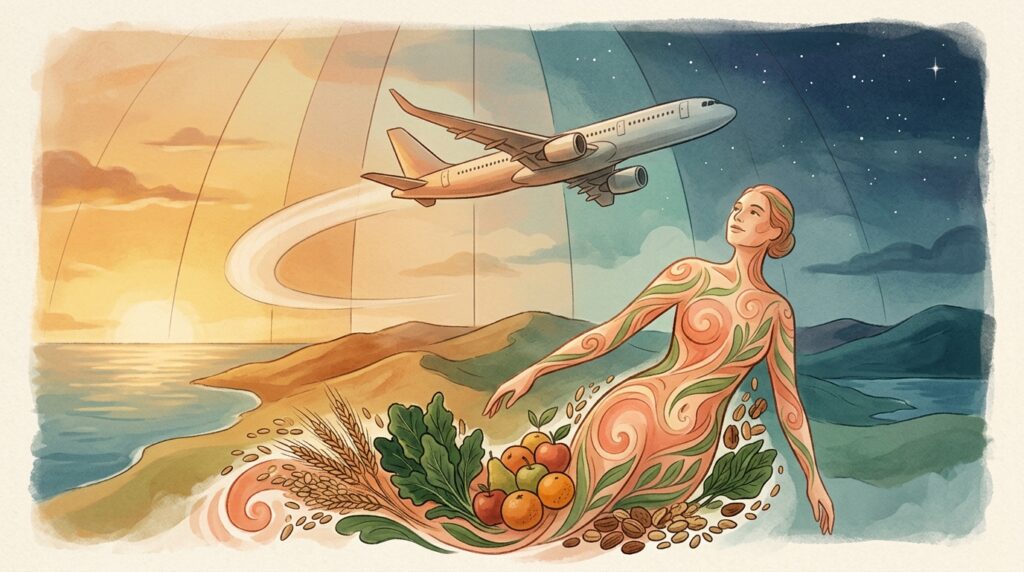 Illustrazione del concetto di viaggio intercontinentale e benessere intestinale con alimenti salutari