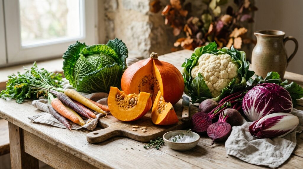 Verdure autunnali fresche per il benessere intestinale: zucca, cavoli, carote, barbabietole e radicchio su tavolo rustico