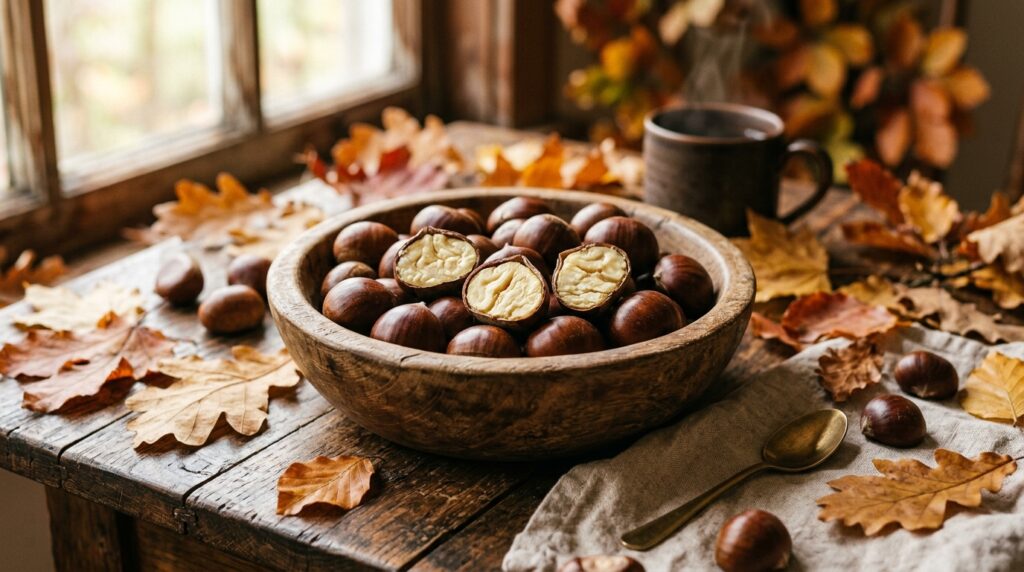 Castagne fresche in una ciotola di legno, alcune aperte per mostrare l'interno, su sfondo autunnale con foglie