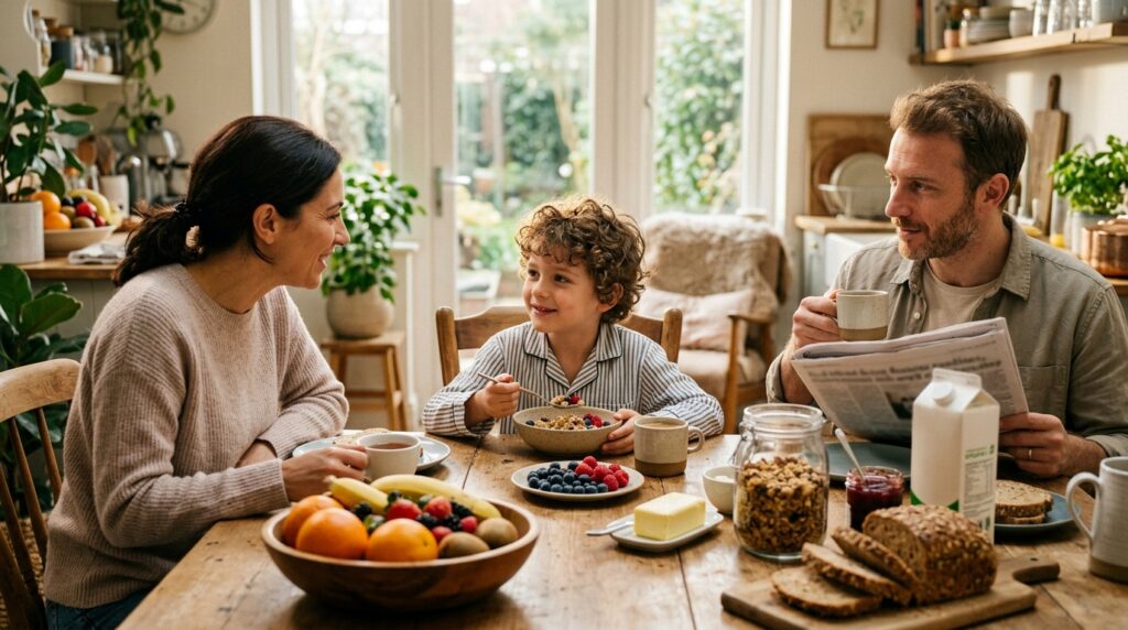 Bambino che fa colazione con calma prima della scuola in un ambiente familiare rilassato