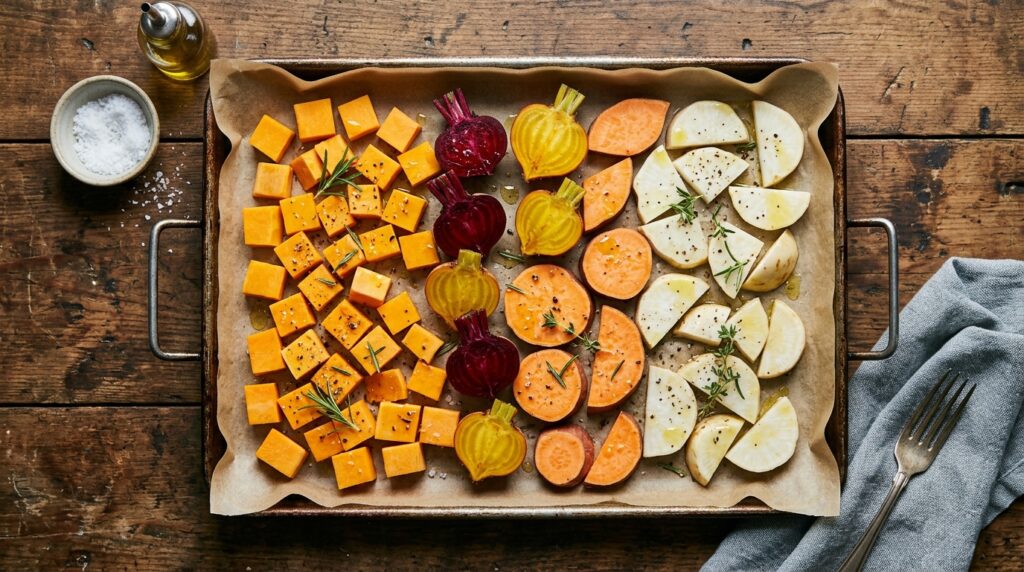 Verdure autunnali preparate per la cottura al forno: zucca, patate dolci, barbabietole e rape su teglia