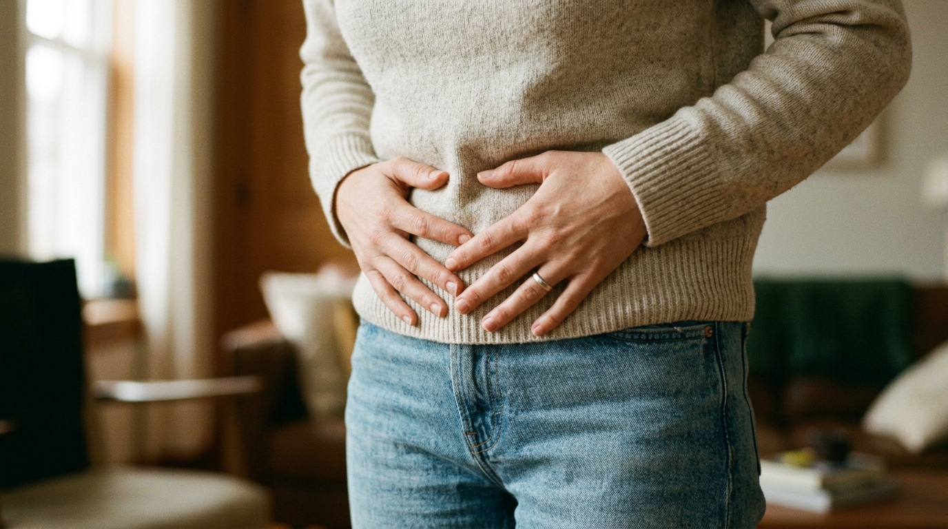 Persona con mani sullo stomaco a indicare nausea digestiva e malessere gastrico