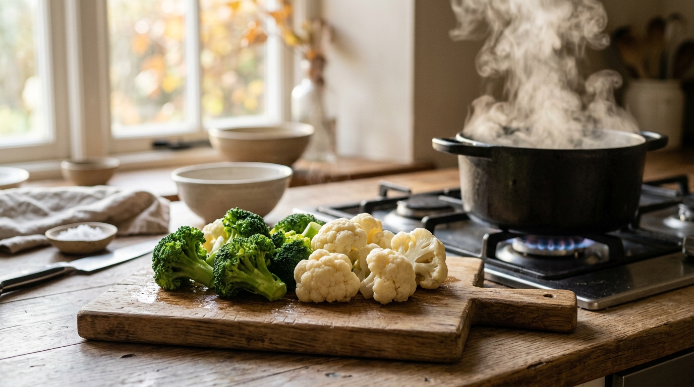Broccoli e cavolfiori freschi su tagliere con pentola fumante, preparazione per ridurre il gonfiore intestinale