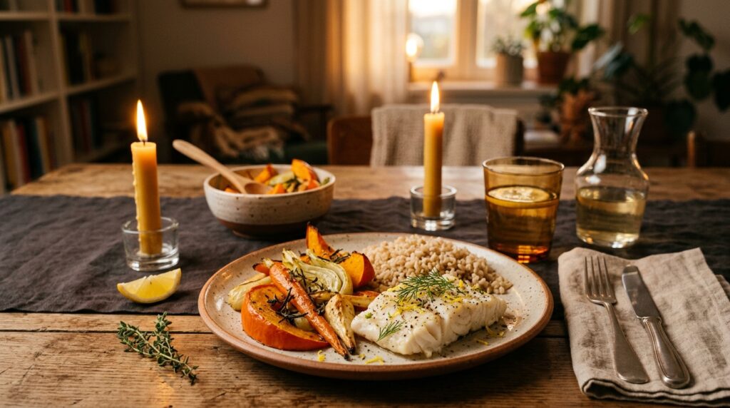 Home 3 Tavola serale autunnale con cena leggera: verdure cotte, pesce e cereali integrali per favorire digestione e sonno