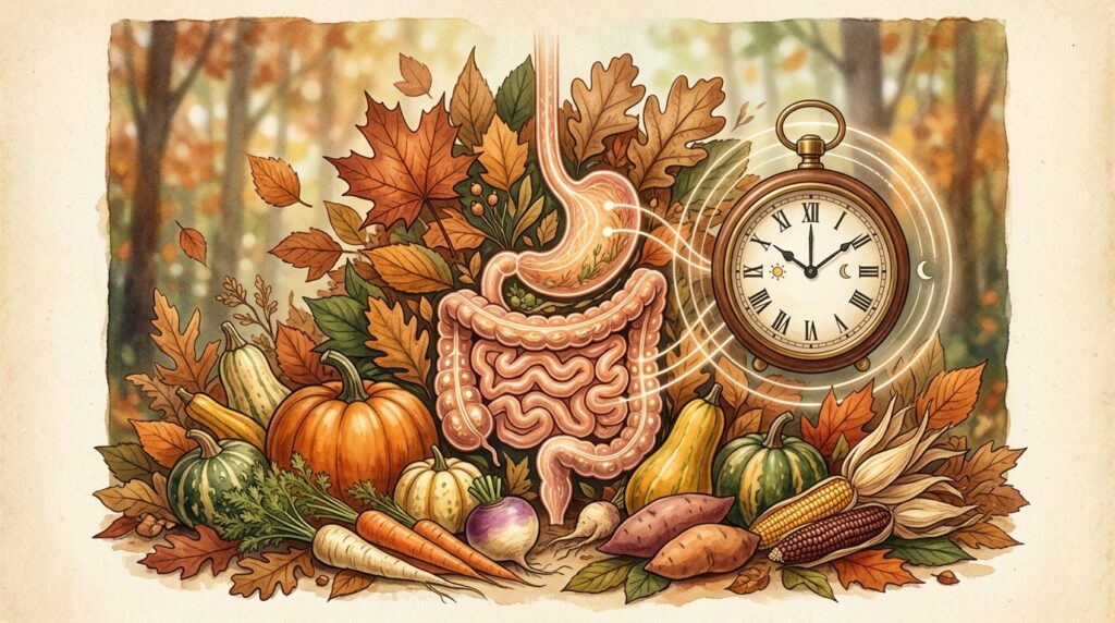 Home 2 Illustrazione concettuale della digestione in autunno con verdure stagionali e elementi simbolici