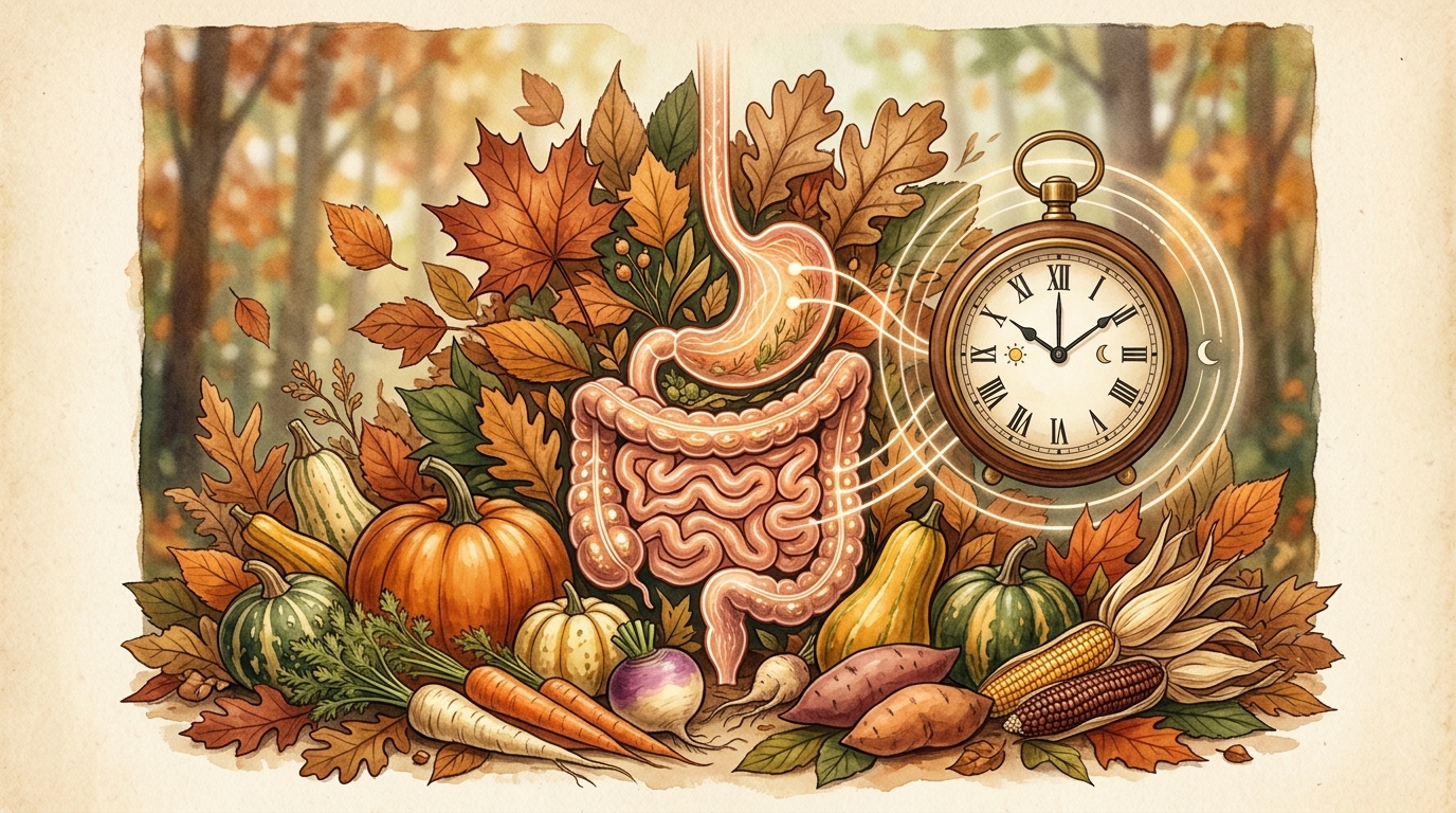 Illustrazione concettuale della digestione in autunno con verdure stagionali e elementi simbolici